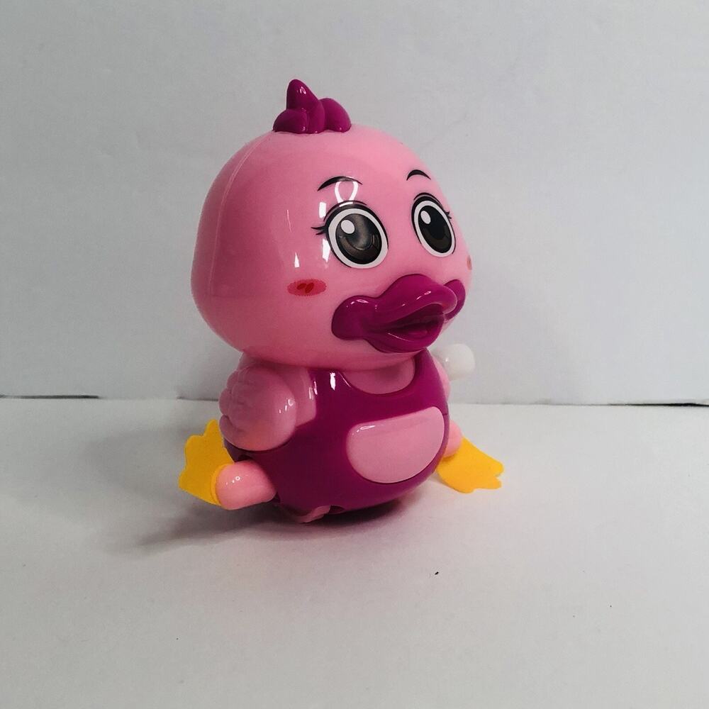 Pink Wind Up Duckling Toy Waddling Bird Plastic Figure Purple Yellow 3.25 Inch